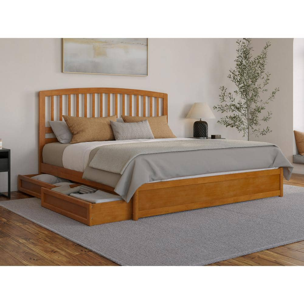 Lucia King Wood Platform Bed with Panel Footboard & Drawers in Light Toffee