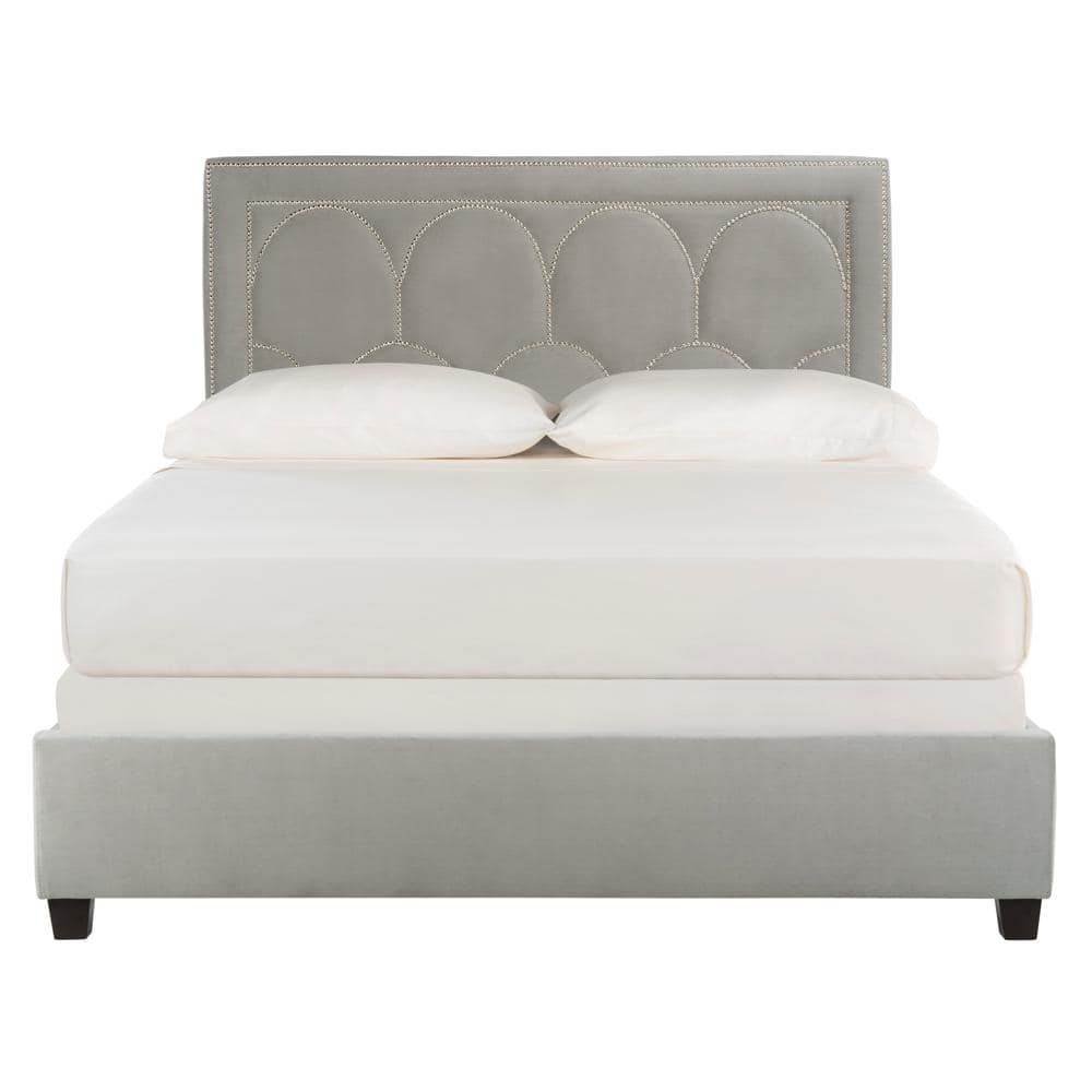 SAFAVIEH Solania Glam Upholstered Bed Frame with Nail Head, Queen, Pewter