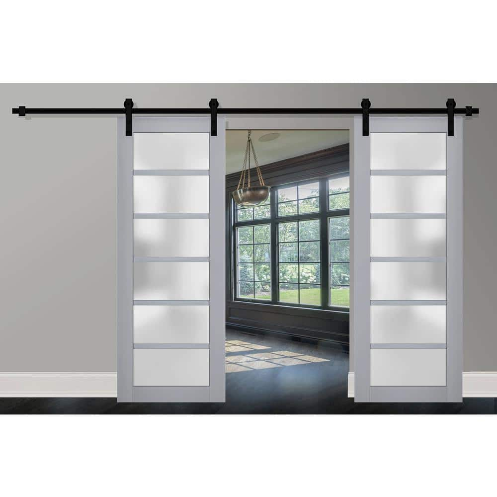 Sturdy Double Barn Door with Frosted Glass | Veregio 7602 Matte Grey | 13FT Rail Hangers Heavy Set | Solid Panel Interior Doors-64" x 84" (2* 32x84)-Black Rail