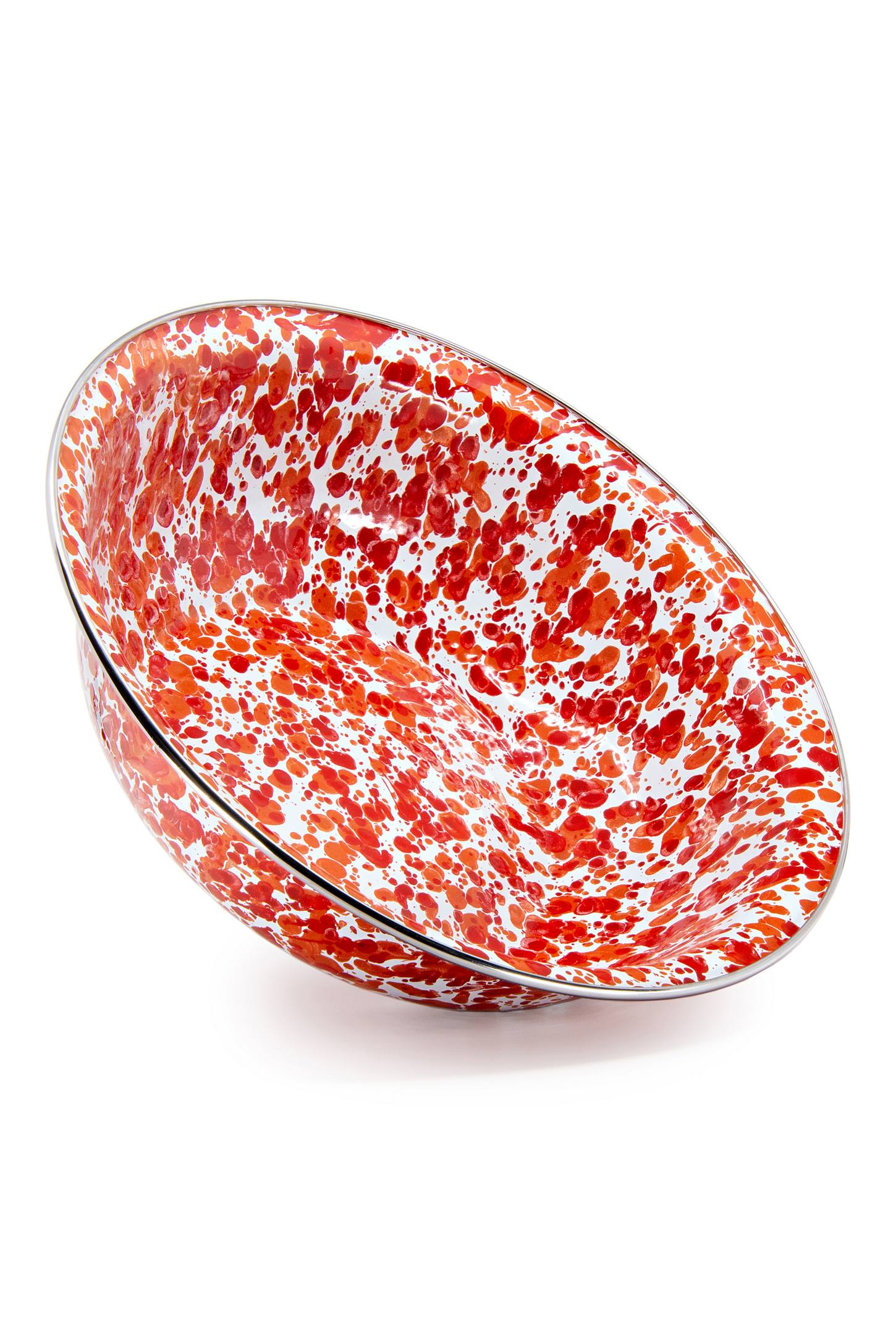 Red Swirl Ceramic Round Serving Bowl with Stainless Steel Rim