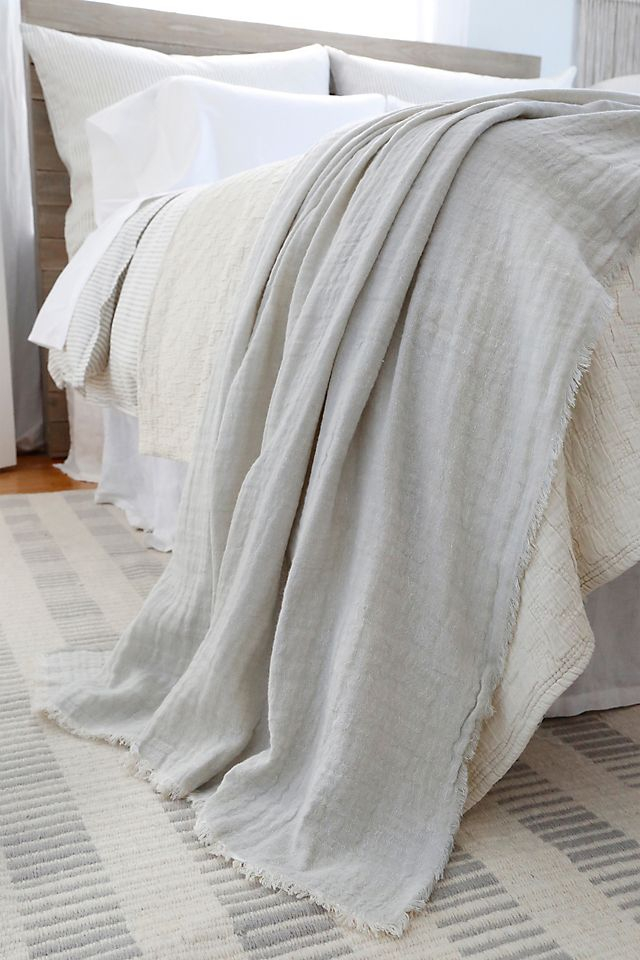 White Cotton Linen Frayed Edge Machine Washable Throw Blanket
