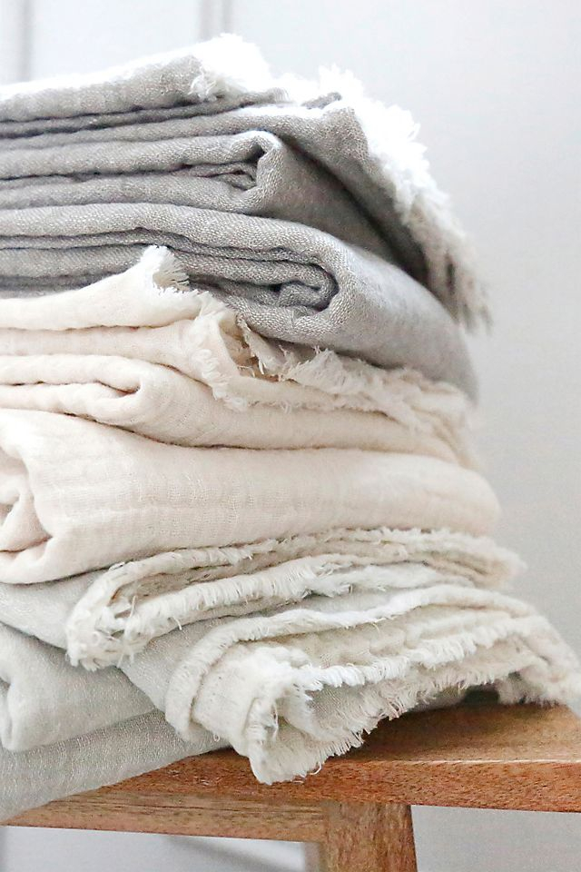 White Cotton Linen Frayed Edge Machine Washable Throw Blanket