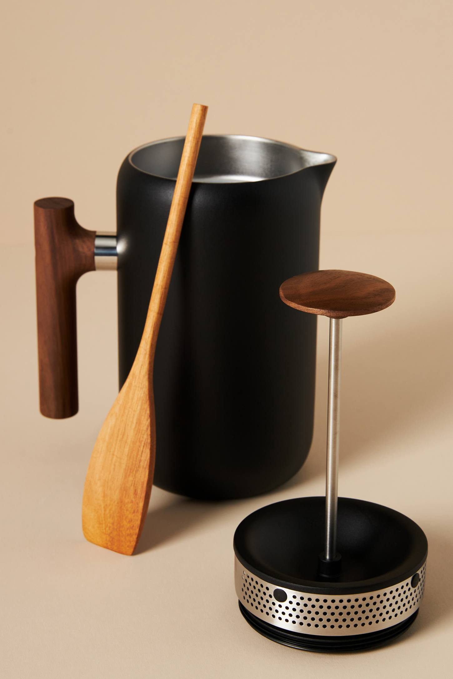 Matte Black and Walnut Insulated French Press Coffee Maker