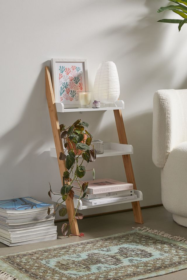 Bamboo Base 3-Tier White Leaning Bathroom Ladder Shelf