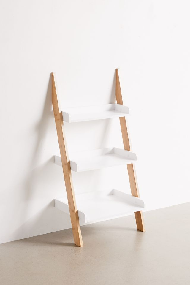 Bamboo Base 3-Tier White Leaning Bathroom Ladder Shelf