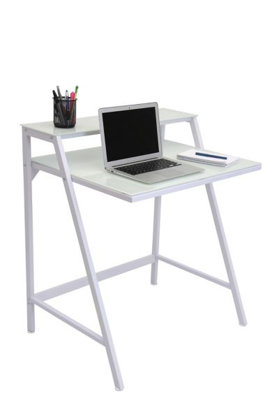 Indoor Furniture 2-Tier Contemporary Office Desk - Metal, Tempered Glass In White