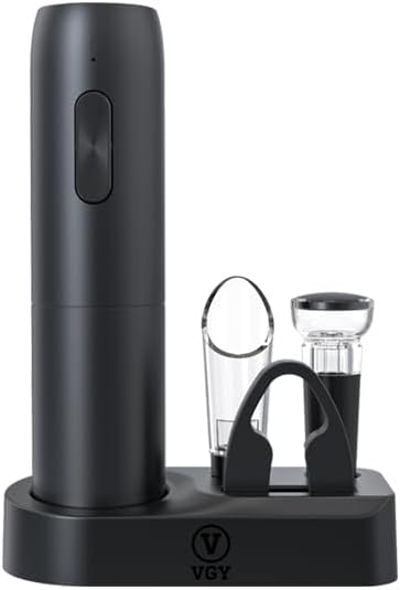 Rechargeable Electric Wine Opener, 5 in 1 set with Automatic Electric Wine Bottle Corkscrew Opener, Foil Cutter, Vacuum Stopper, Wine Pourer and Storage Charging Stand