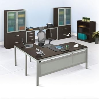 Signature Series At Work Reversible LShaped Desk  Espresso  Brushed Nickel, 72”W x 72”D