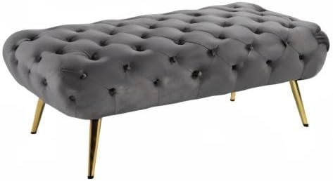 Meridian Furniture Amara Collection Modern | Contemporary Grey Velvet Upholstered Bench with Deep Button Tufting, Stainless Steel Legs with Gold Finish, 48" W x 20.5" D x 19" H,