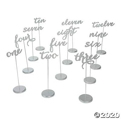 1-12 Calligraphy Silver Table Numbers - Party Supplies - 12 Pieces