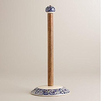 Handcrafted Blue and White Ceramic and Wood Paper Towel Holder