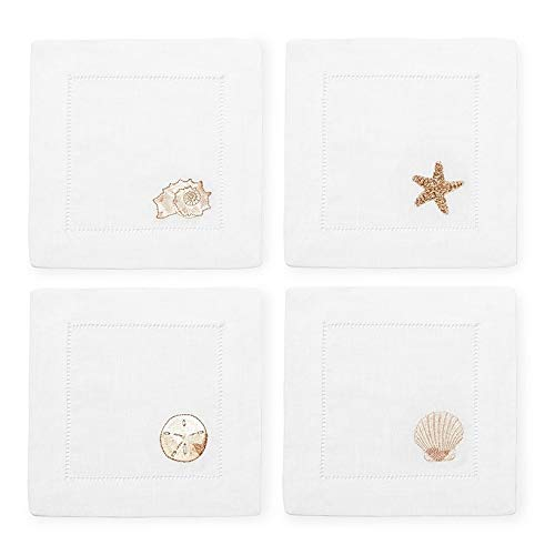 White Linen Embroidered Beachcomber Cocktail Napkins, Set of 4