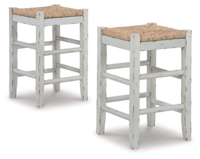 Vintage White Wood Counter Height Bar Stools with Woven Seats, Set of 2