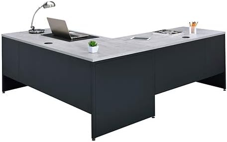 Gray Washed Maple Laminate L-Shaped Corner Desk with Filing Cabinet