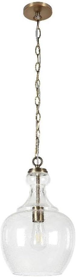 Henn&Hart 11" Wide Pendant with Glass Shade in Brass/Seeded, Pendant, Flush Mount Ceiling Light Fixture for Kitchen, Living Room