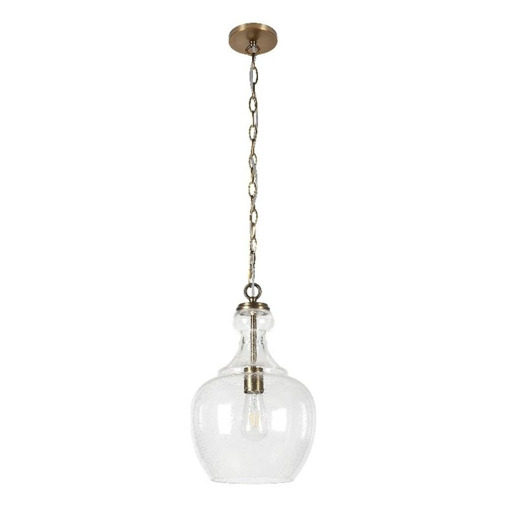 Henn&Hart 11" Wide Pendant with Glass Shade in Brass/Seeded, Pendant, Flush Mount Ceiling Light Fixture for Kitchen, Living Room