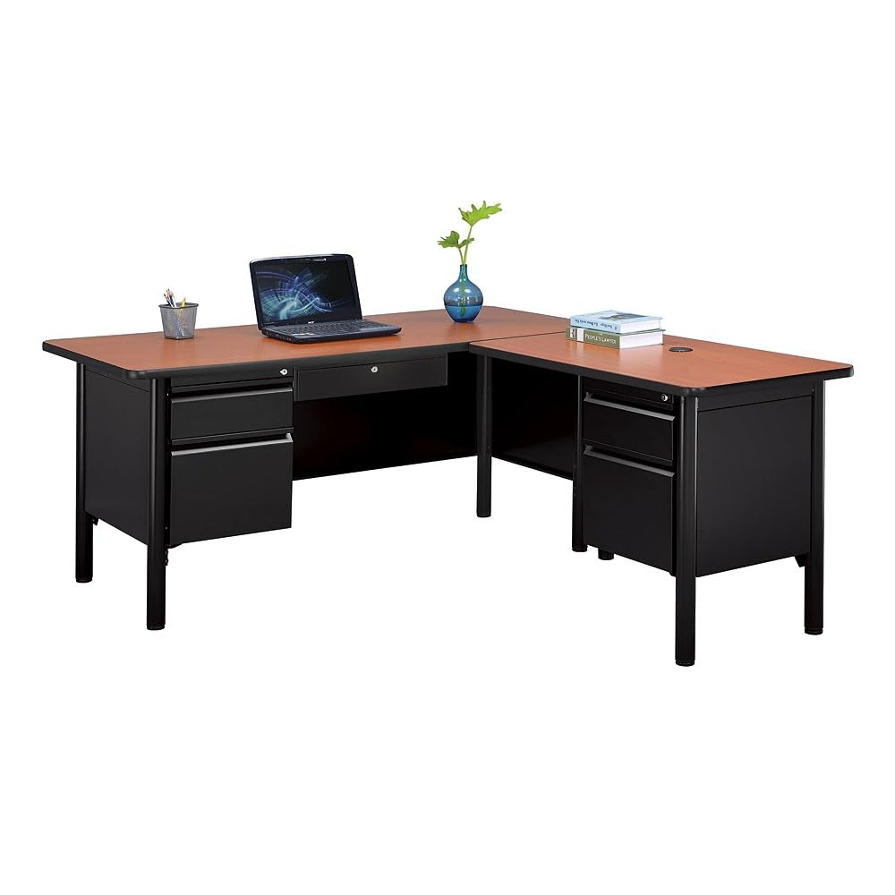 Cherry and Black L-Shaped Executive Office Desk with Lockable Drawers
