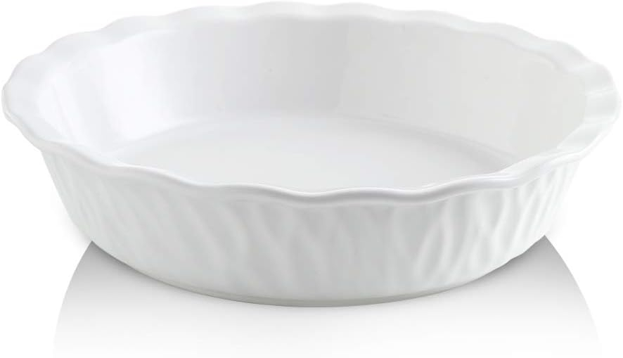 KOOV Ceramic Pie Pan, 10 Inches Pie Dish, Pie Plate for Dessert Kitchen, Round Baking Dish Pan for Dinner, Texture Series (White)