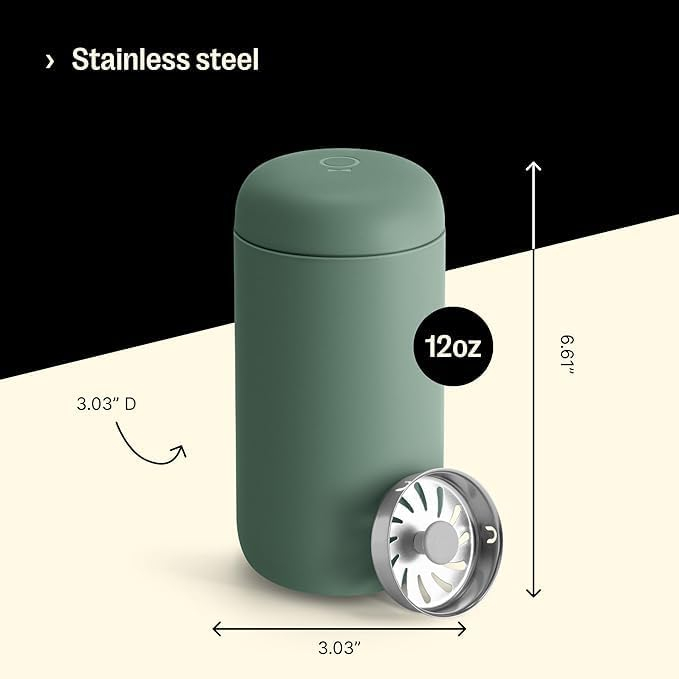 Fellow 12 oz Carter Move Travel Mug - Vacuum-Insulated Stainless Steel Travel Coffee Mug - Coffee Tumbler with Ceramic Interior and Splash Guard - Cargo Green