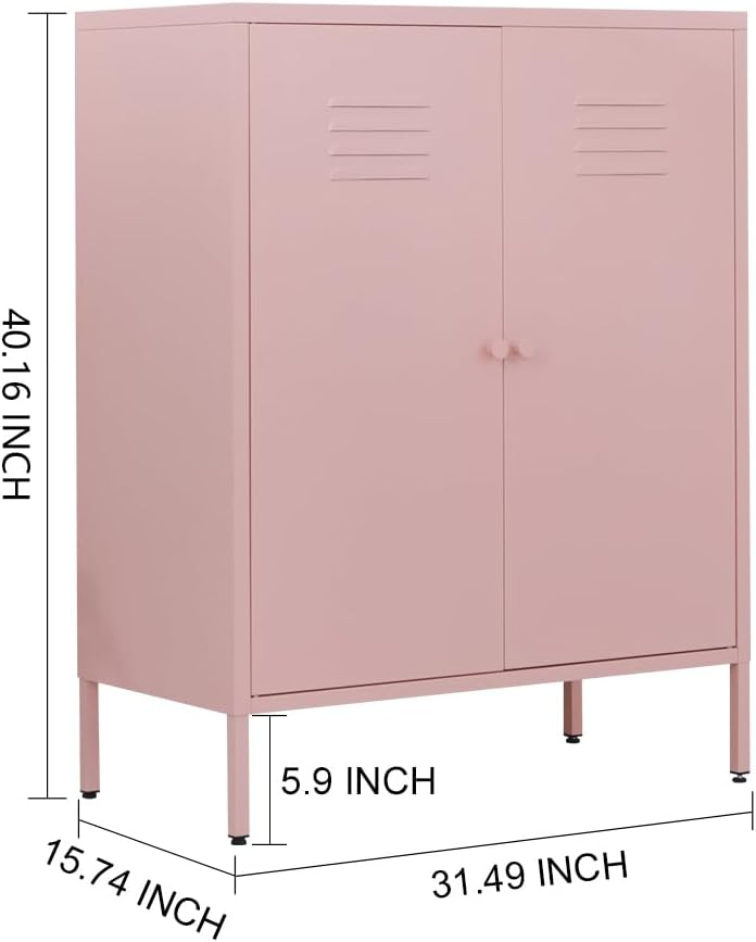 2 Door Metal Accent Storage Cabinet for Bedroom, Bedside, Office Room-Metal Locker Cabinet with 2 Adjustable Shelves (Pink)