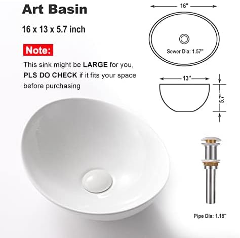 Bathivy Oval Vessel Sink, 14.6'' x 11.6'' Modern Above Counter Oval Bathroom Sink, Small White Porcelain Bathroom Vessel Sink with Pop Up Drain