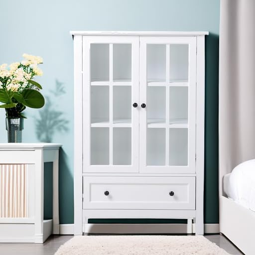 White Transitional Farmhouse China Cabinet with Glass Doors