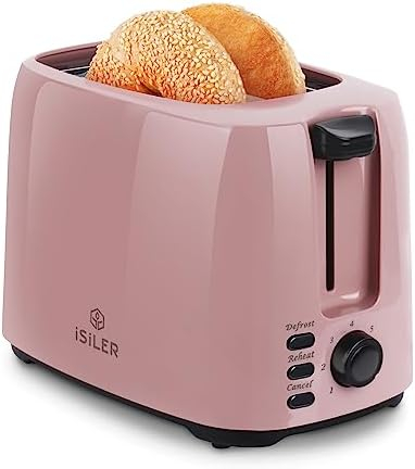 iSiLER 2 Slice Toaster, 1.3 Inches Wide Slot Bagel Toaster with 7 Shade Settings and Double Side Baking, Removable Crumb Tray, Defrost Cancel Function Pink