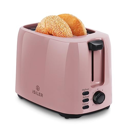 iSiLER 2 Slice Toaster, 1.3 Inches Wide Slot Bagel Toaster with 7 Shade Settings and Double Side Baking, Removable Crumb Tray, Defrost Cancel Function Pink