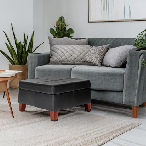 Homepop Home Decor |K2380-E169 | Luxury Large Faux Leather Square Storage Ottoman | Ottoman with Storage for Living Room & Bedroom, Black