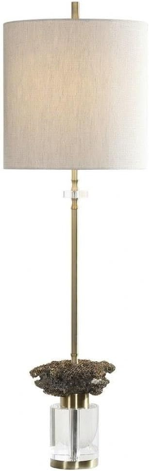 Uttermost Modern Buffet Table Lamp 34" Tall Brushed Brass Crystal Oatmeal Linen Drum Shade for Living Room Bedroom House Dining