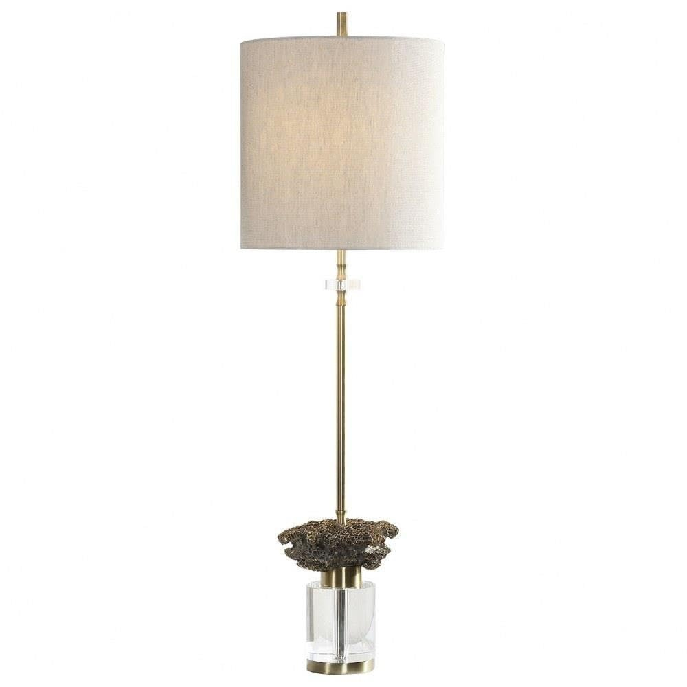 Uttermost Modern Buffet Table Lamp 34" Tall Brushed Brass Crystal Oatmeal Linen Drum Shade for Living Room Bedroom House Dining