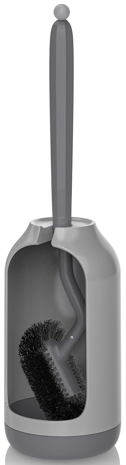 Toilet Bowl Brush Holder Set: Bathroom Deep Cleaning Toilet Cleaner Scrubber Under Rim with Curved Bristle for Dead Corner Clean - Hidden Rv Toilet Decorative Accessories with Caddy- Gray