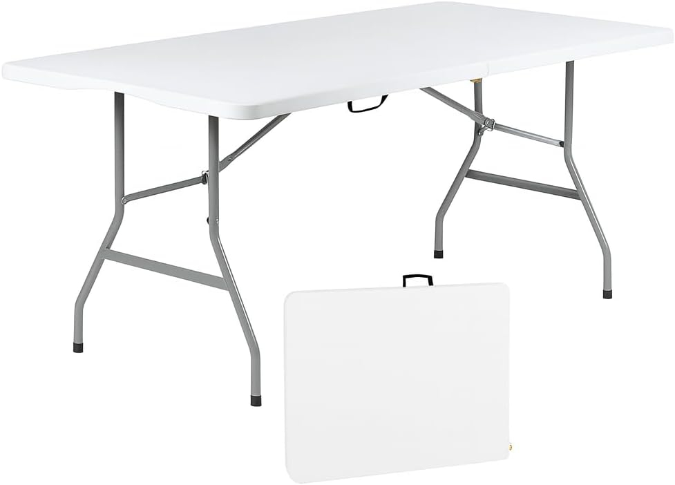 Plainsity Mesa Plegable de Plástico de 6 Pies - Mesa de Comedor Portátil, Plegable y Resistente para Fiestas, Bodas, BBQ, Camping, Eventos en el Patio Trasero - Mesa Utilitaria para Interiores/exteriores con Asa de Transporte Blanca