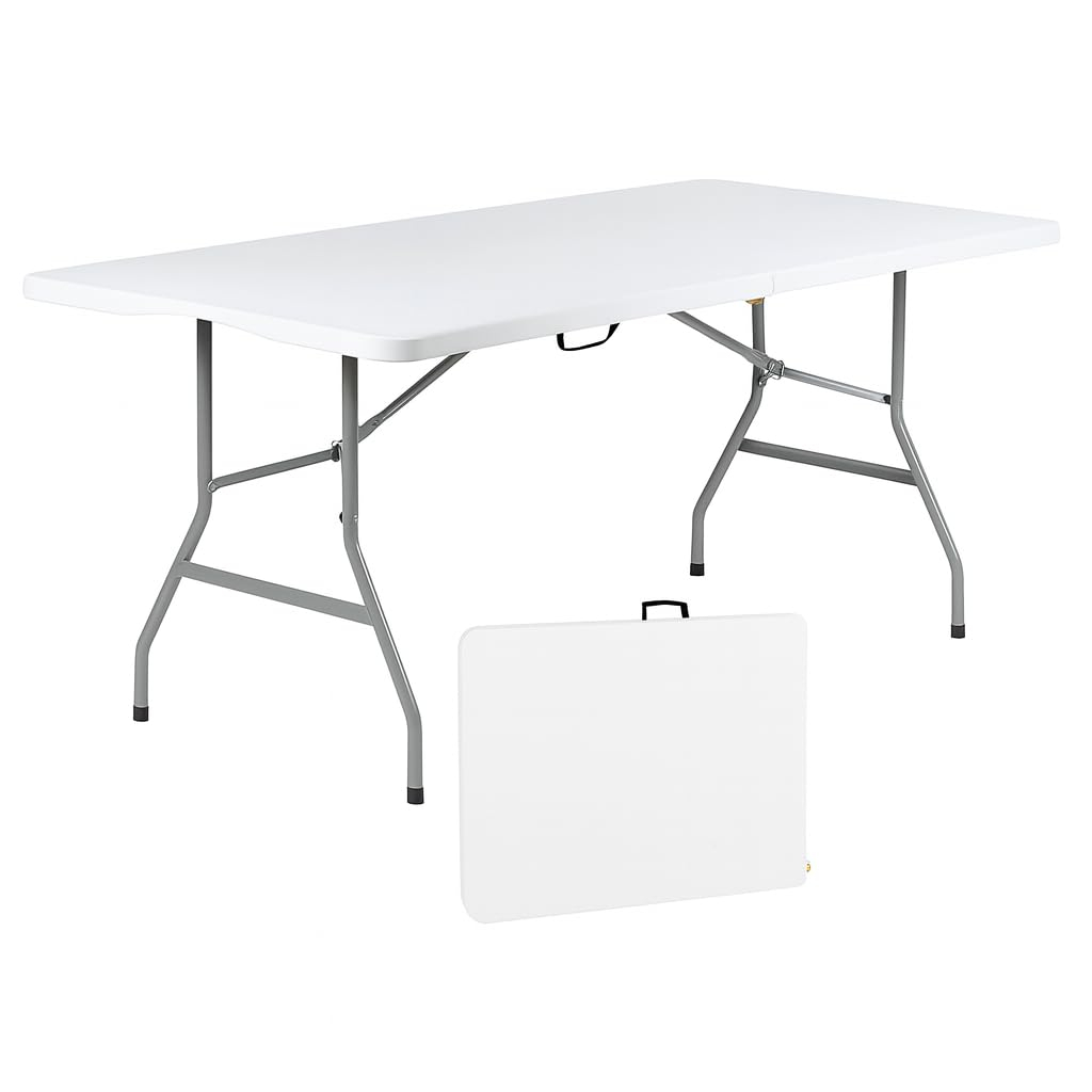 Plainsity Mesa Plegable de Plástico de 6 Pies - Mesa de Comedor Portátil, Plegable y Resistente para Fiestas, Bodas, BBQ, Camping, Eventos en el Patio Trasero - Mesa Utilitaria para Interiores/exteriores con Asa de Transporte Blanca