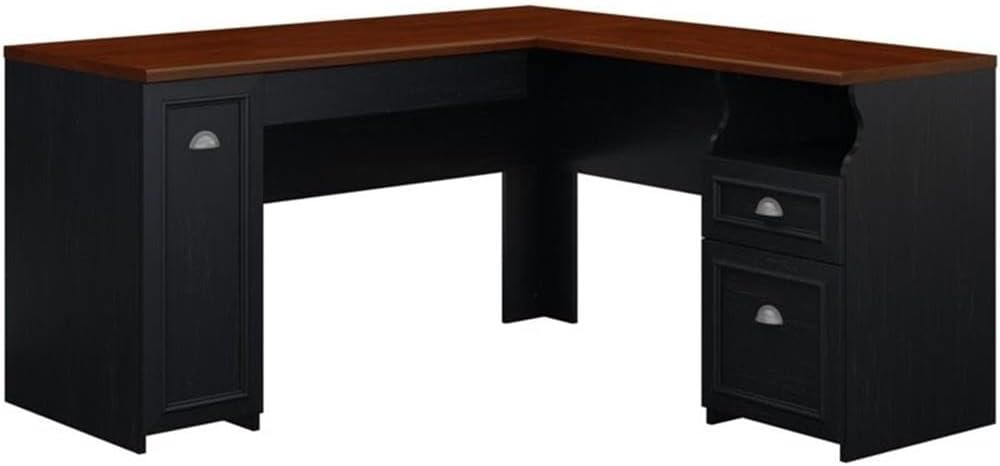 Antique Black Wood Corner Desk with Drawer and Keyboard Tray