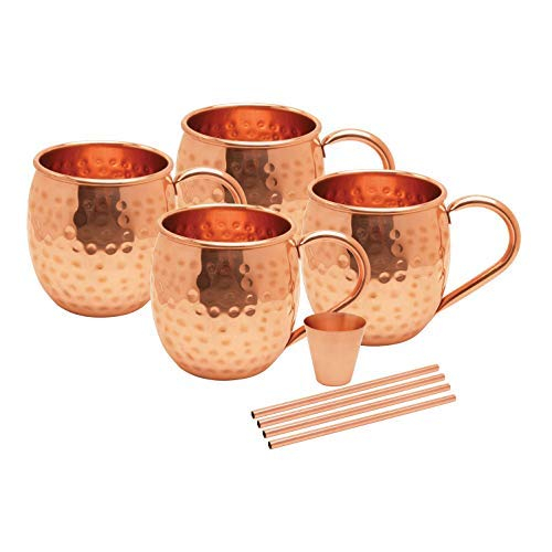 AVADOR Set of 4 Handcrafted 100% Pure Copper Moscow Mule Mugs Hammered Finish 16 Oz. Gift Set Boxed with Shot Glass and Copper Straws
