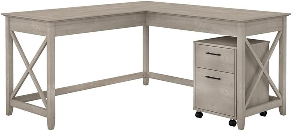 Bush Furniture Key West 60W L Shaped Desk with 2 Drawer Mobile File Cabinet in Washed Gray