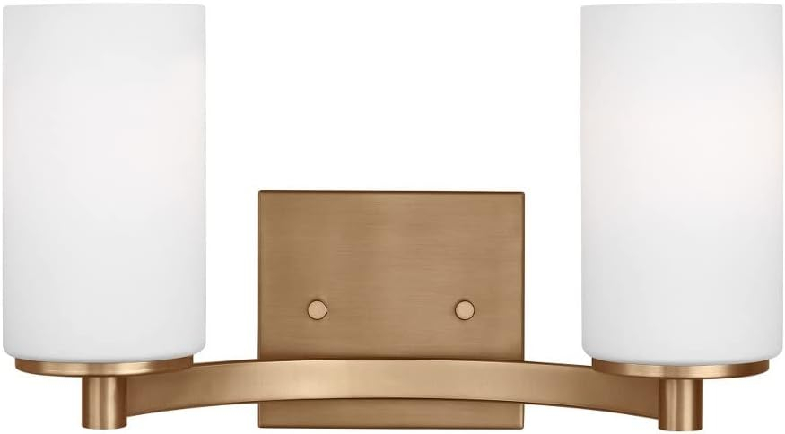 Generation Lighting 2-Light Hettinger Bath Fixture Wall Lamp Satin Brass 4439102-848, Title 24 Compliant Wall Light Fixture for Bathroom Decor, Bathroom Light Fixture Uses Standard or LED Light Bulb