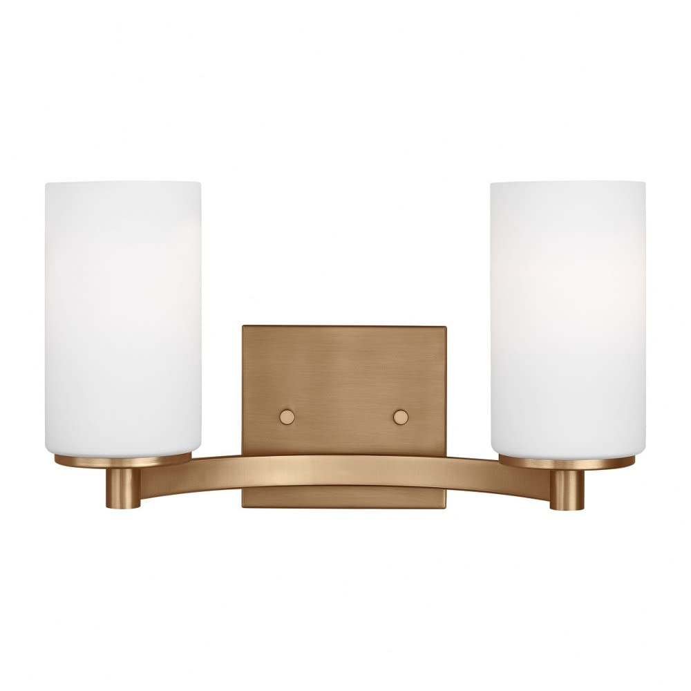 Generation Lighting 2-Light Hettinger Bath Fixture Wall Lamp Satin Brass 4439102-848, Title 24 Compliant Wall Light Fixture for Bathroom Decor, Bathroom Light Fixture Uses Standard or LED Light Bulb