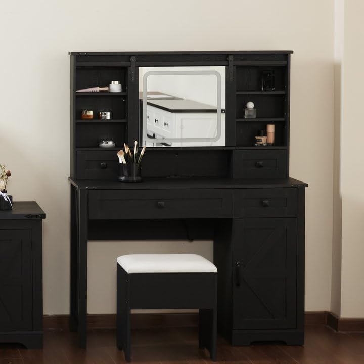 Farmhouse 42'' Makeup Vanity Desk with lighted Sliding Mirror,Tabletop Dresser,2 Drawers & Shelves, Stool Included. Black