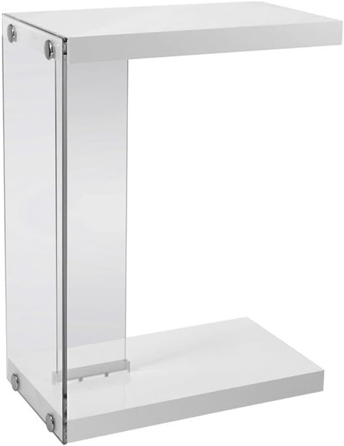 Accent Table C-shaped End Side Snack Bedroom Tempered Glass Glossy White