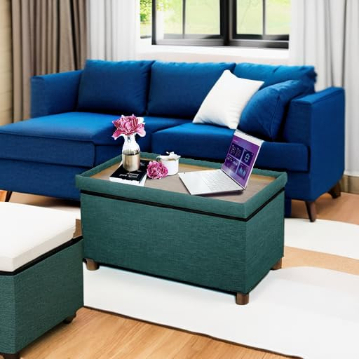 30 Inches Storage Ottoman Bench, Storage Bench with Wooden Legs for Living Room Ottoman Foot Rest Removeable Lid for Bedroom End of Bed, Linen Fabric Green Color