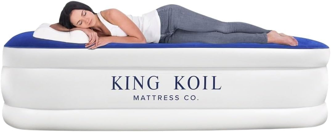 King Koil Luxury Air Mattress Full Size with Built-in Pump for Home, Camping & Guests, Inflatable Airbed Double High Adjustable Blow Up Mattress, Durable - Portable and Waterproof