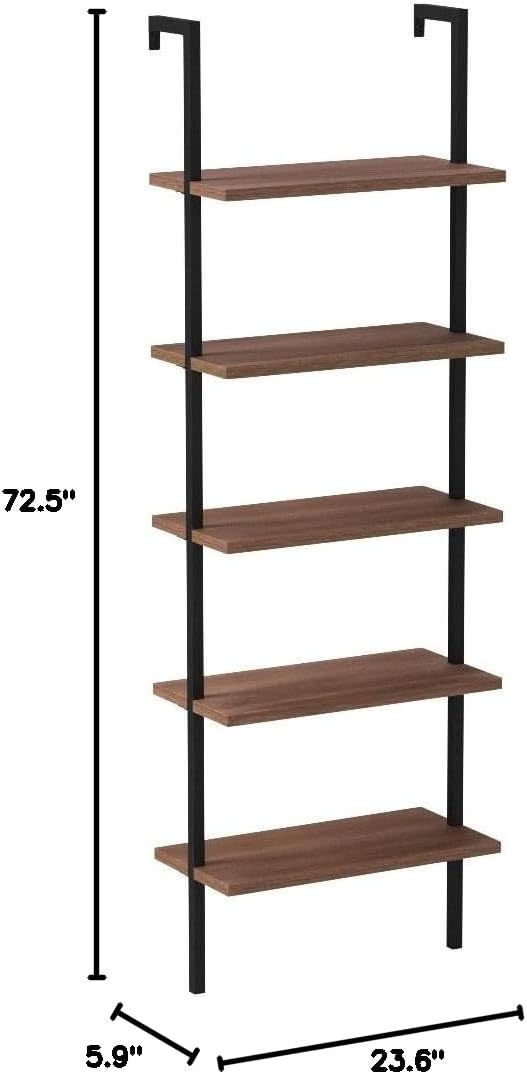 Nathan James Theo 5-Shelf Oak Wood Modern Bookcase, Open Wall Mount Ladder Bookshelf with Industrial Black Metal Frame