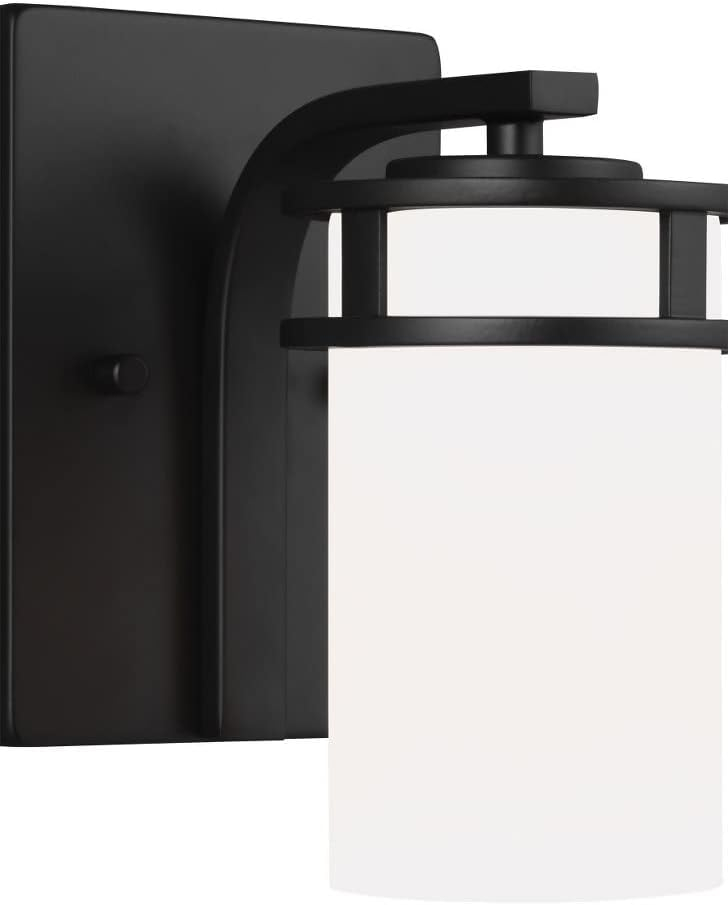 Generation Lighting 4121601-112 Robie Etched/White Glass Cylinder Wall Sconce Lighting Fixture, 1-Light 75 Watt, 8" H x 5" W, Midnight Black