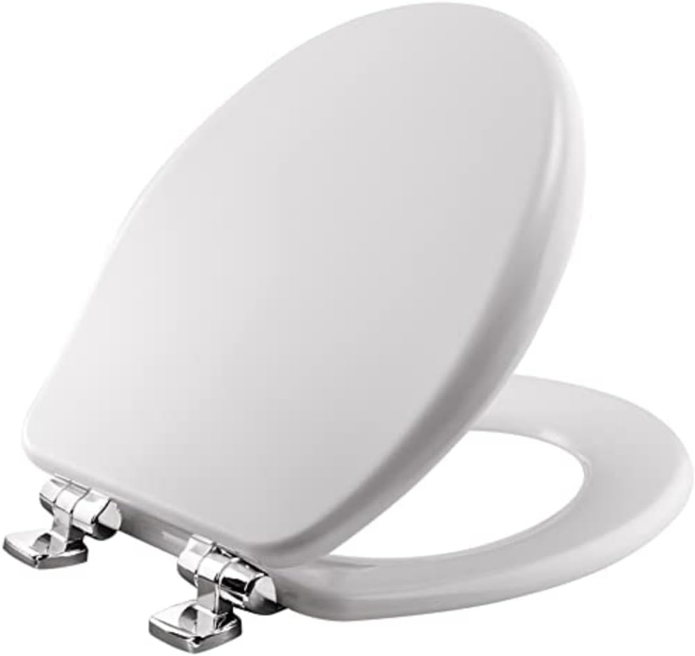 Bemis Alesio Slow Close Toilet Seat, Sleek Chrome Hinges and Adjustable Perfect Fit Wood Seat, Round, White
