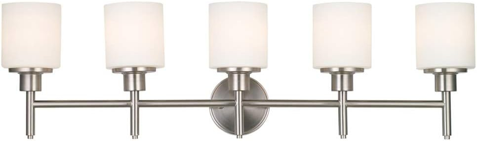 Design House 556225 Aubrey Transitional 5-Light Indoor Bathroom Vanity Light Dimmable Frosted Glass for Over the Mirror, Satin Nickel