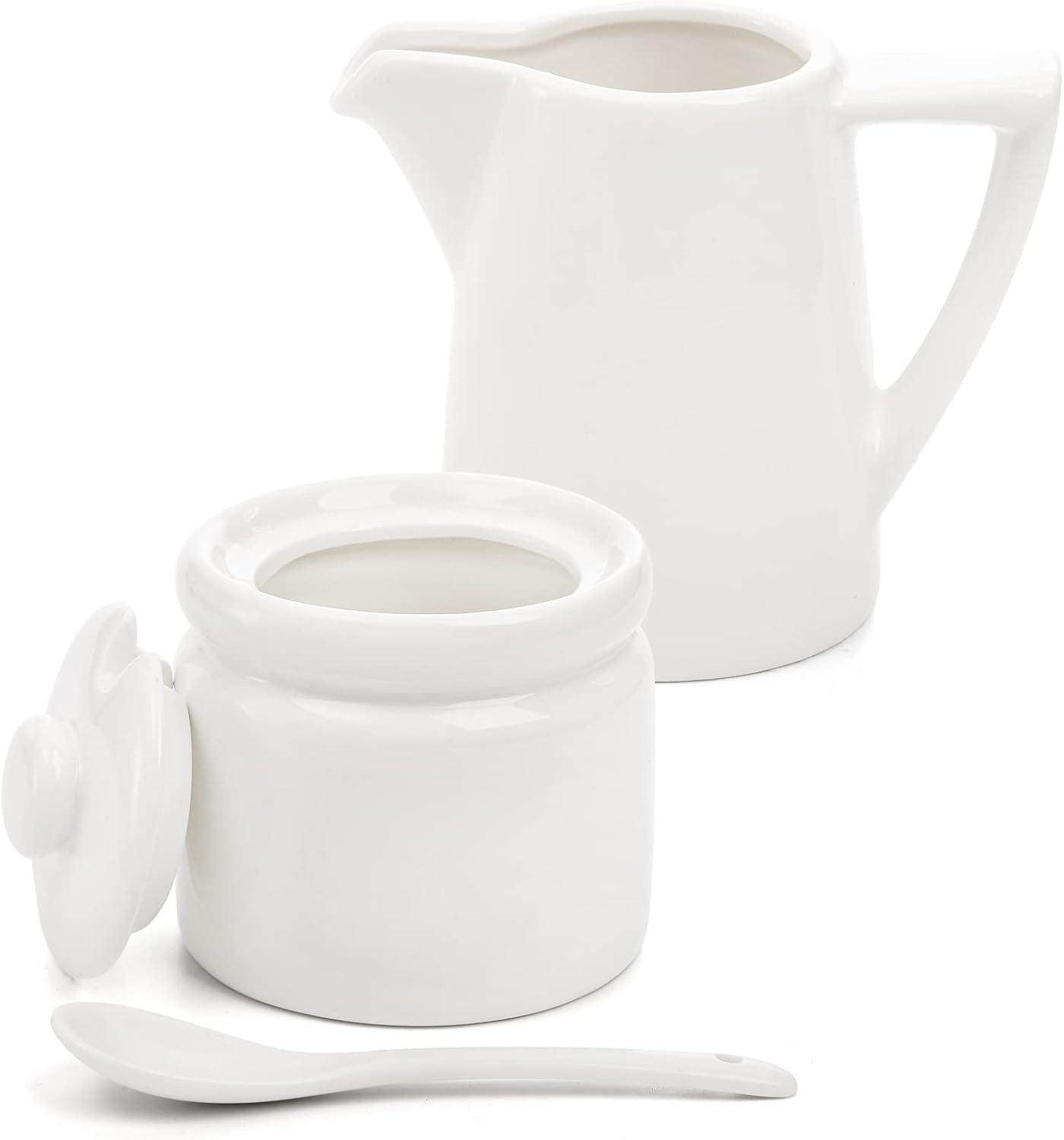 Stack man Set Of 4 Porcelain Creamer And Sugar Set With Saucer, Sugar Bowl With Lid And Spoon, Cream Pitcher, Sweetener Holder, Coffee Serving Set For Kitchen Home Cafe Party, Restaurant, White