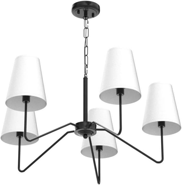 5-Light 30” Modern Chandelier with White Shades, Classic Pendant Ceiling Light Fixture for Dining Room, Black Chandelier with E12 Base Hanging Lamp for Living Room Hallway Bedroom, Height Adjustable
