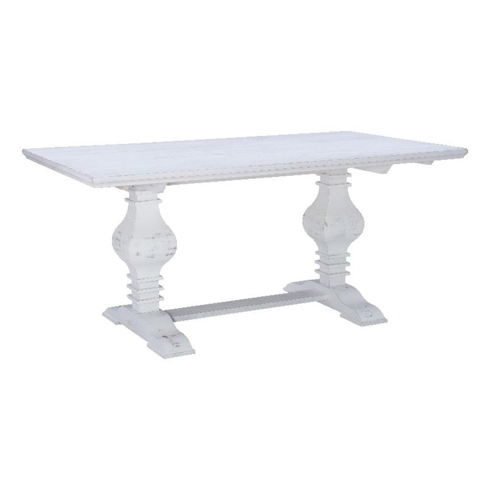 Distressed White Pine Wood Farmhouse Dining Table with Trestle Base